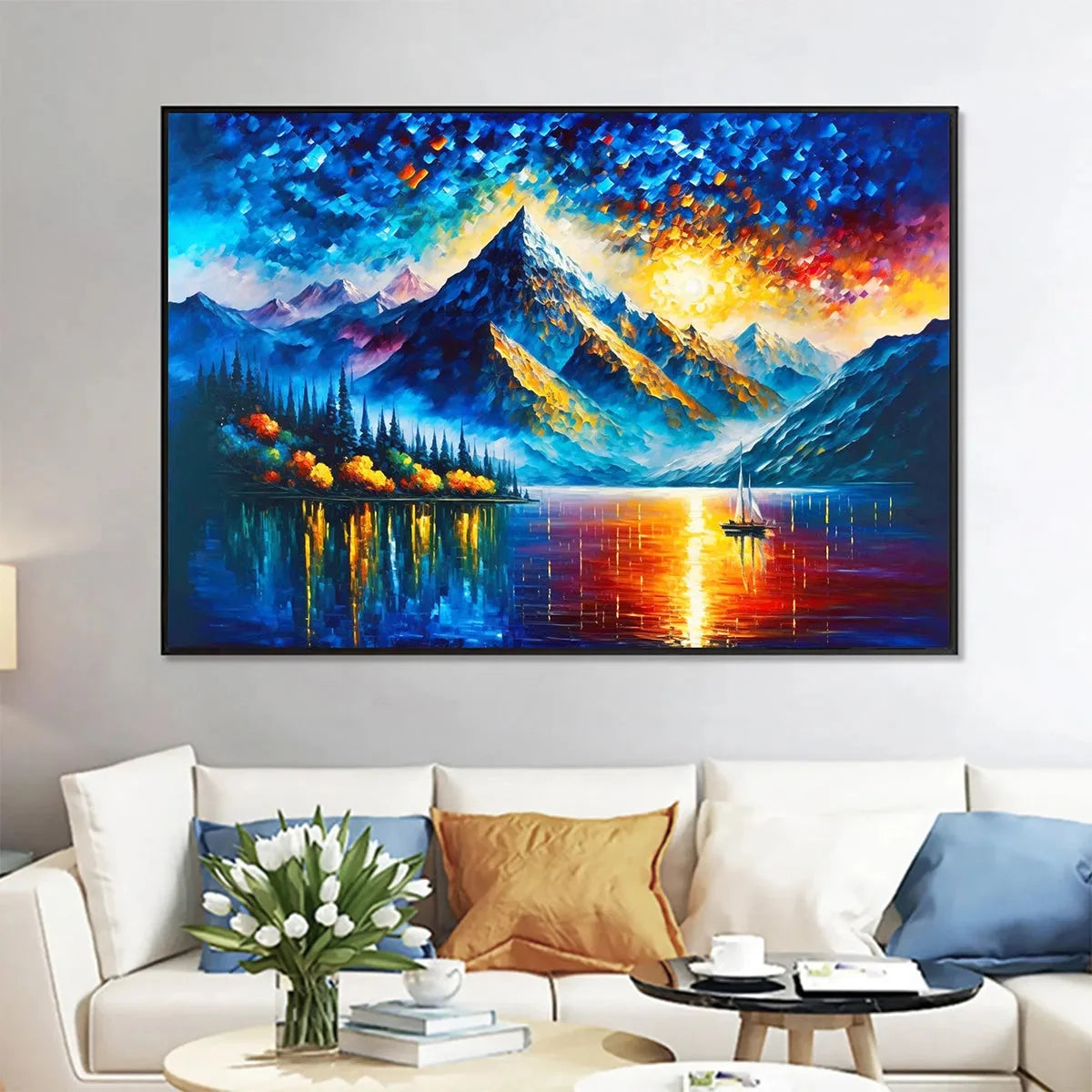 MAJESTIC SUNRISE: Mountain Landscape Oil Painting with Lake and Sailboat | Landscape closeup, raised brushwork detail