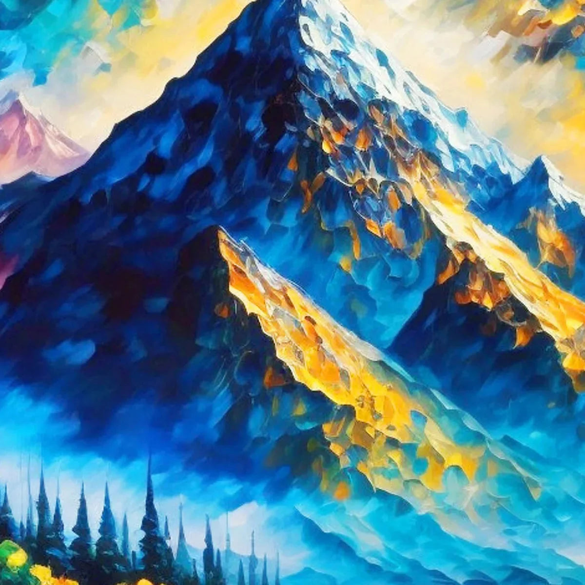 MAJESTIC SUNRISE: Mountain Landscape Oil Painting with Lake and Sailboat | rectangular format, hand-painted canvas edge