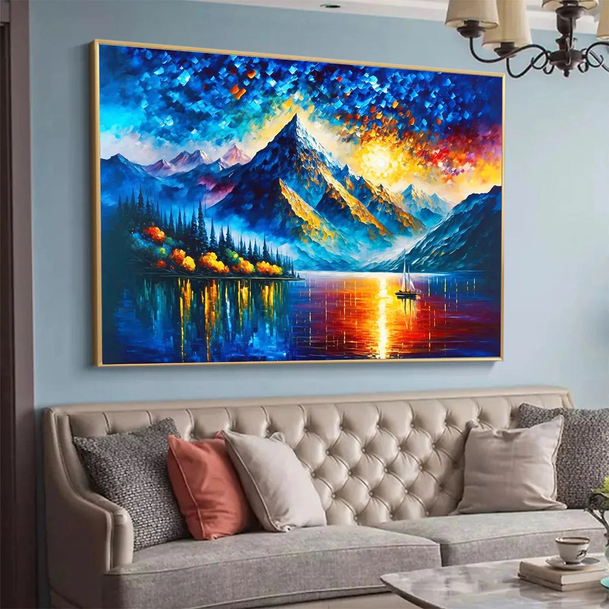 MAJESTIC SUNRISE: Mountain Landscape Oil Painting with Lake and Sailboat | gold frame stretched on neutral wall