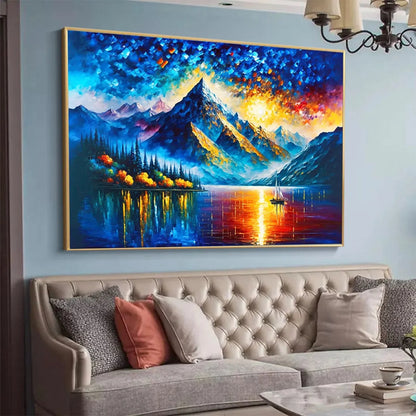 MAJESTIC SUNRISE: Mountain Landscape Oil Painting with Lake and Sailboat | gold frame stretched on neutral wall