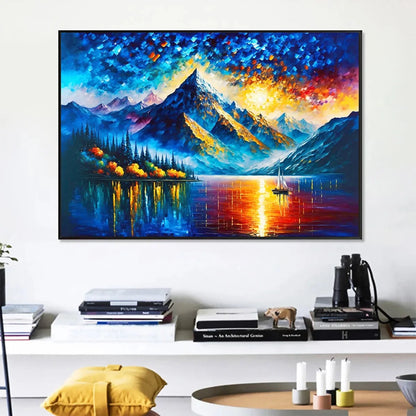 MAJESTIC SUNRISE: Mountain Landscape Oil Painting with Lake and Sailboat | rolled canvas, ready for custom framing