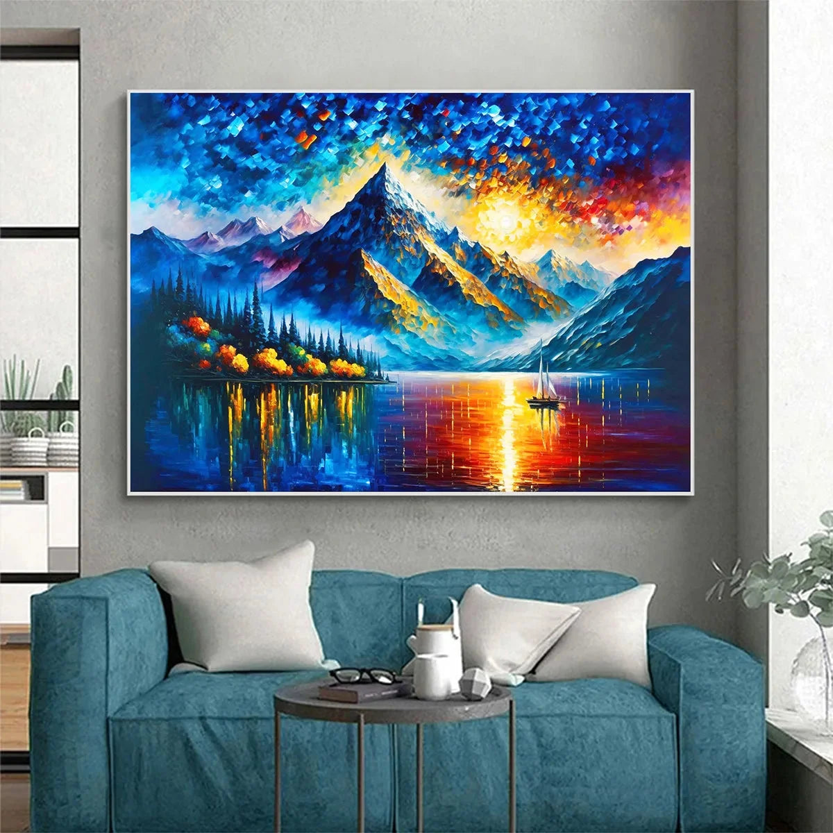 MAJESTIC SUNRISE: Mountain Landscape Oil Painting with Lake and Sailboat | black frame version on white wall