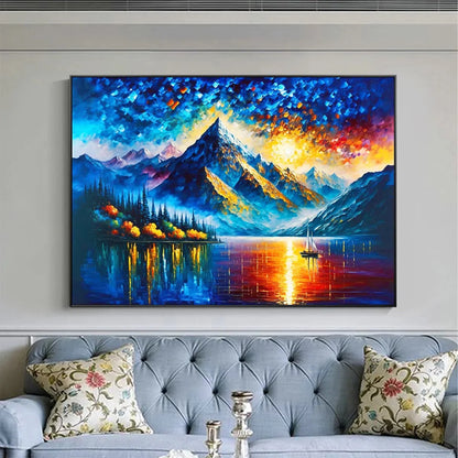 MAJESTIC SUNRISE: Mountain Landscape Oil Painting with Lake and Sailboat | Landscape mood, soft natural light studio shot