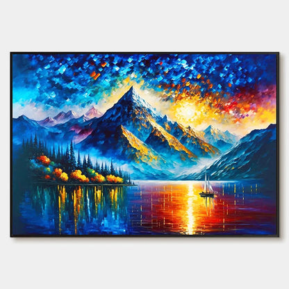 MAJESTIC SUNRISE: Mountain Landscape Oil Painting with Lake and Sailboat | hanging in living room, Landscape wall art