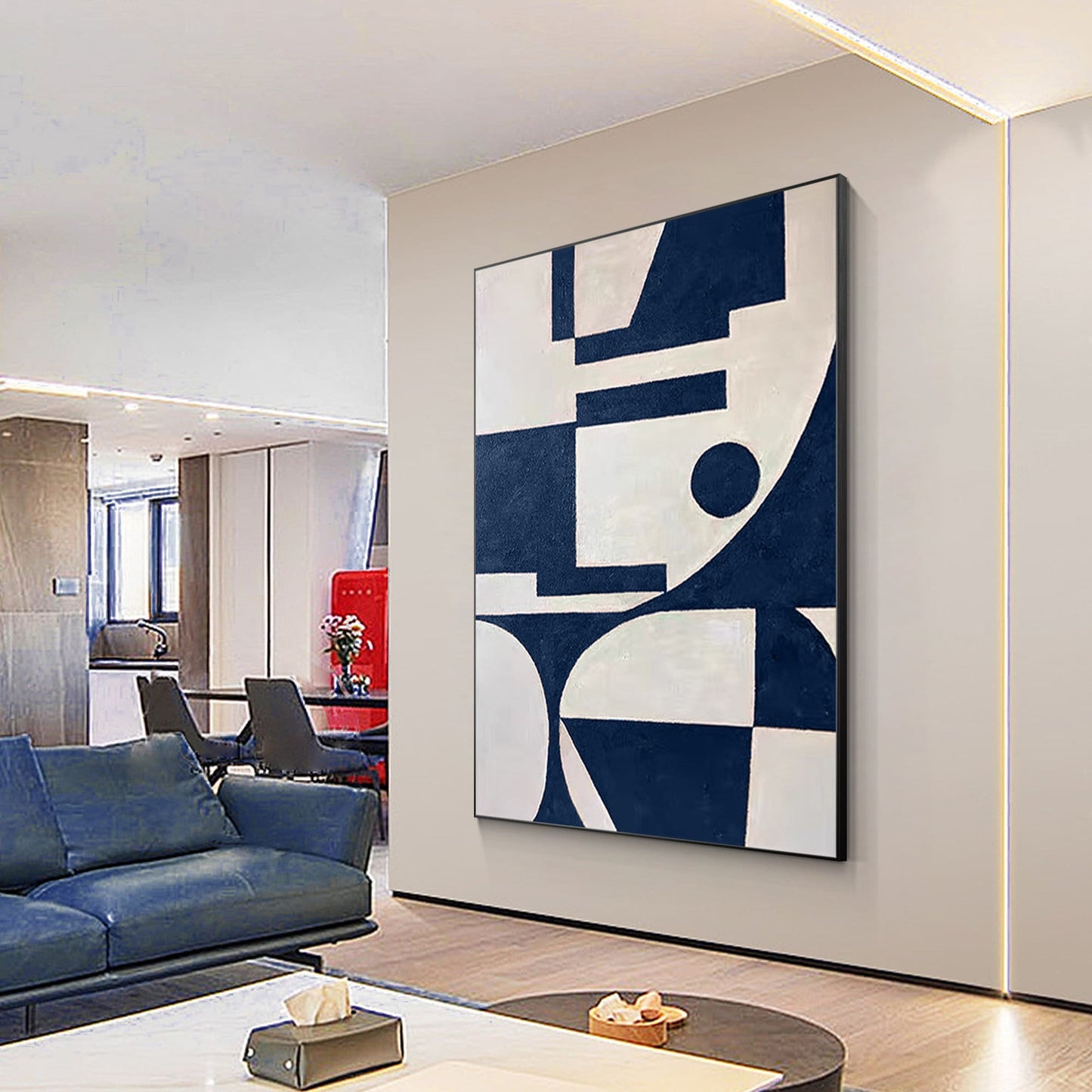 Marineblauw beige geometrisch schilderij op canvas, extra grote enorme verticale #15