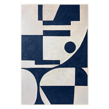 Marineblauw beige geometrisch schilderij op canvas, extra grote enorme verticale #19