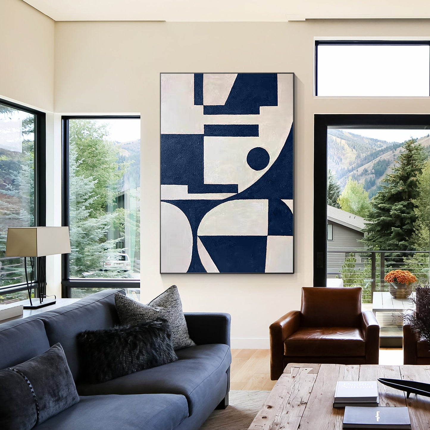 Marineblauw beige geometrisch schilderij op canvas, extra grote enorme verticale #3