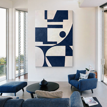 Marineblauw beige geometrisch schilderij op canvas, extra grote enorme verticale #6
