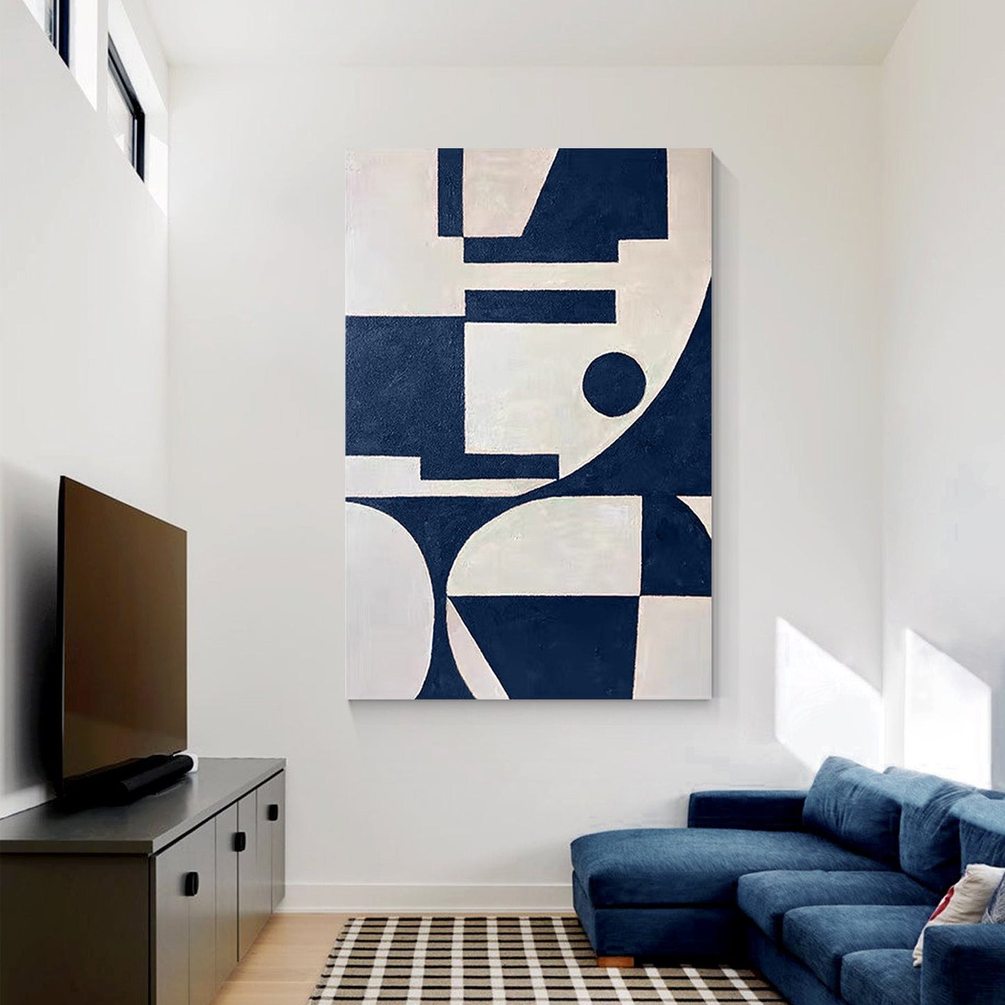 Marineblauw beige geometrisch schilderij op canvas, extra grote enorme verticale #1