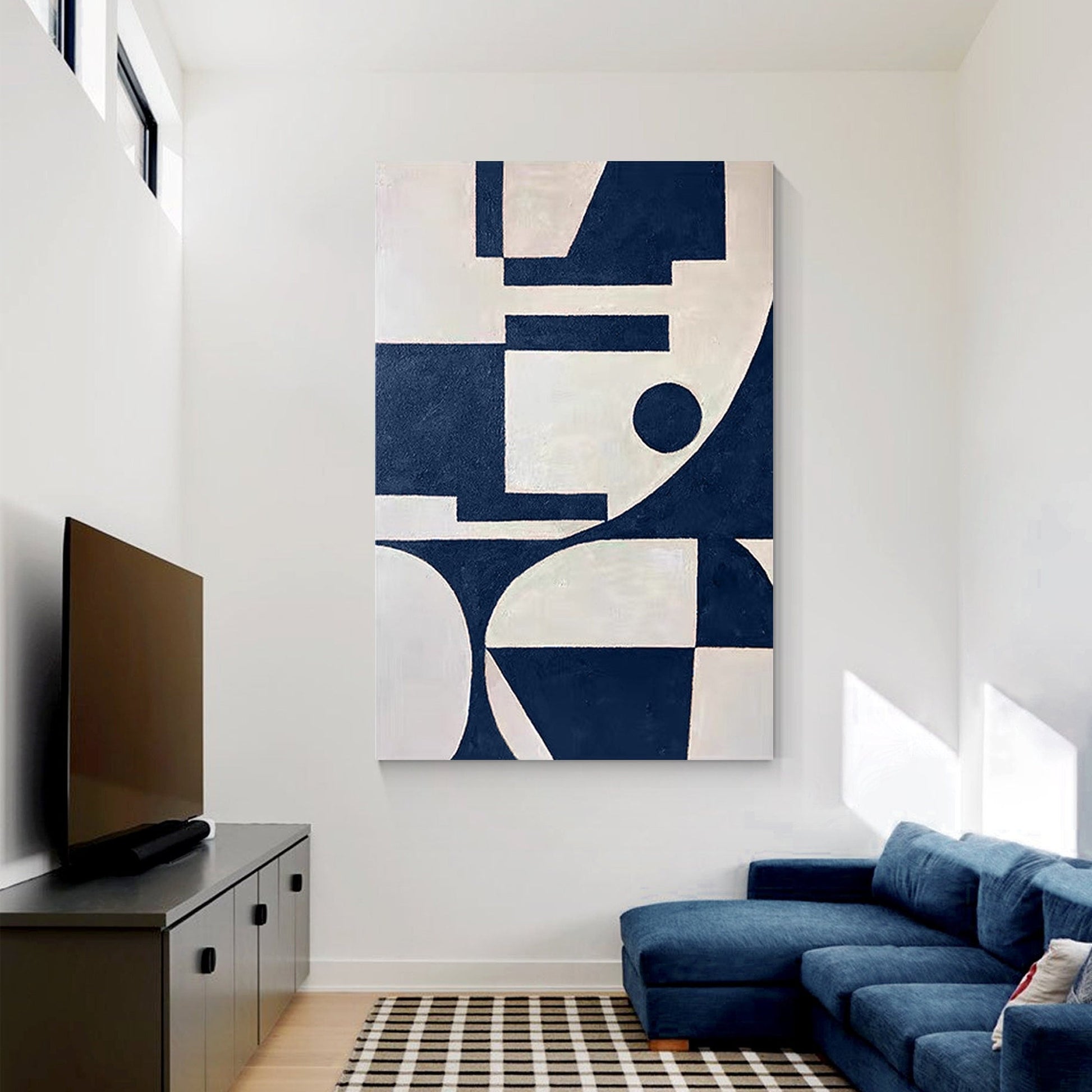 Marineblauw beige geometrisch schilderij op canvas, extra grote enorme verticale #1
