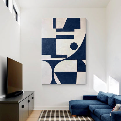 Marineblauw beige geometrisch schilderij op canvas, extra grote enorme verticale #1