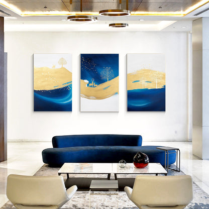 Marineblauw goud abstract schilderij 3 stuks schilderij op canvas, set van 3 stu #12