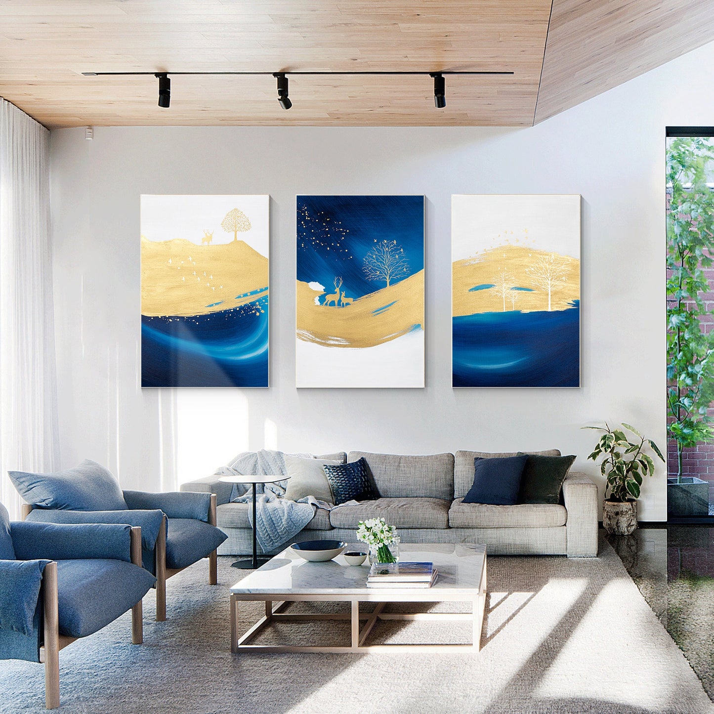 Marineblauw goud abstract schilderij 3 stuks schilderij op canvas, set van 3 stu #13