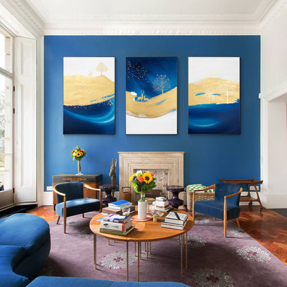 Marineblauw goud abstract schilderij 3 stuks schilderij op canvas, set van 3 stu #14