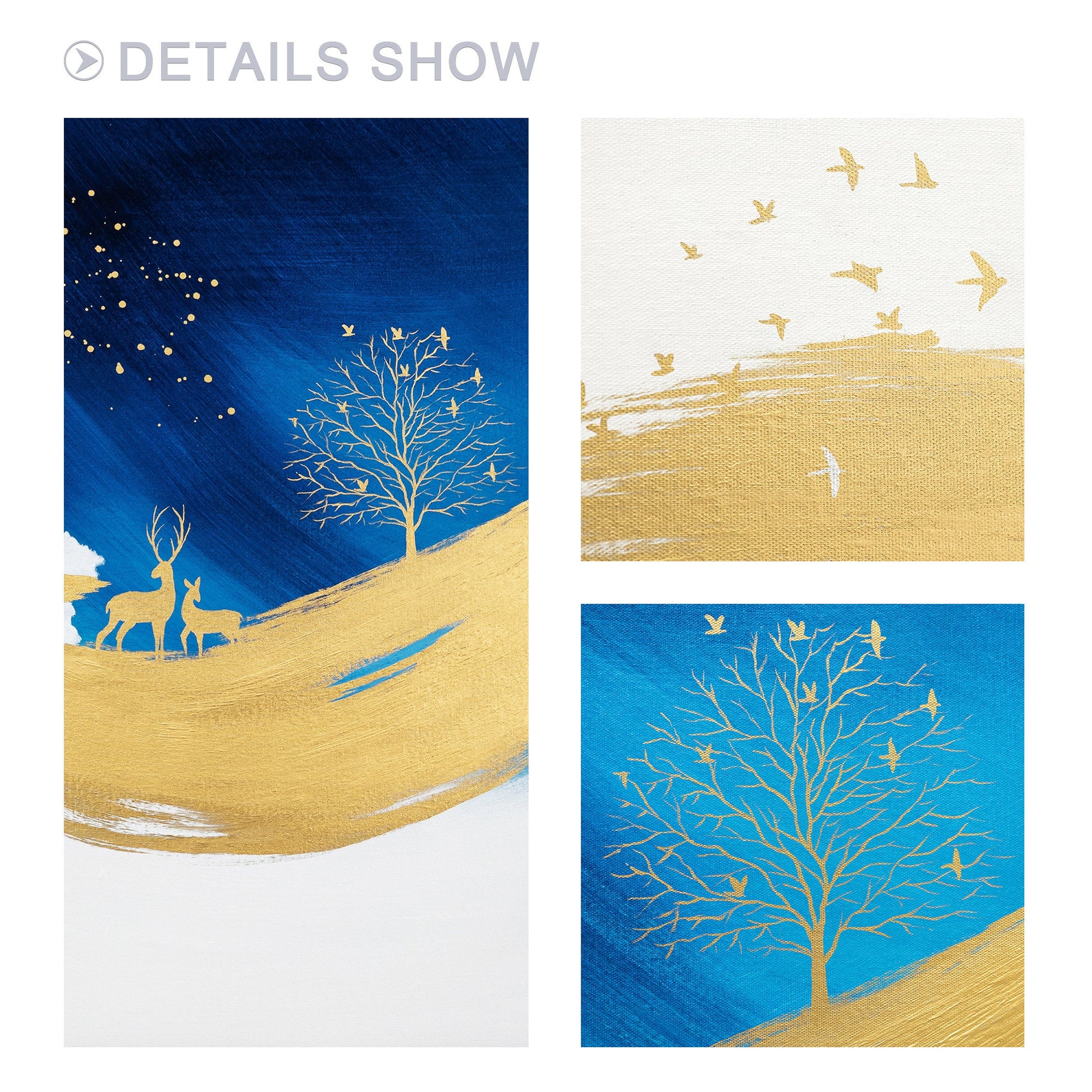 Marineblauw goud abstract schilderij 3 stuks schilderij op canvas, set van 3 stu #16