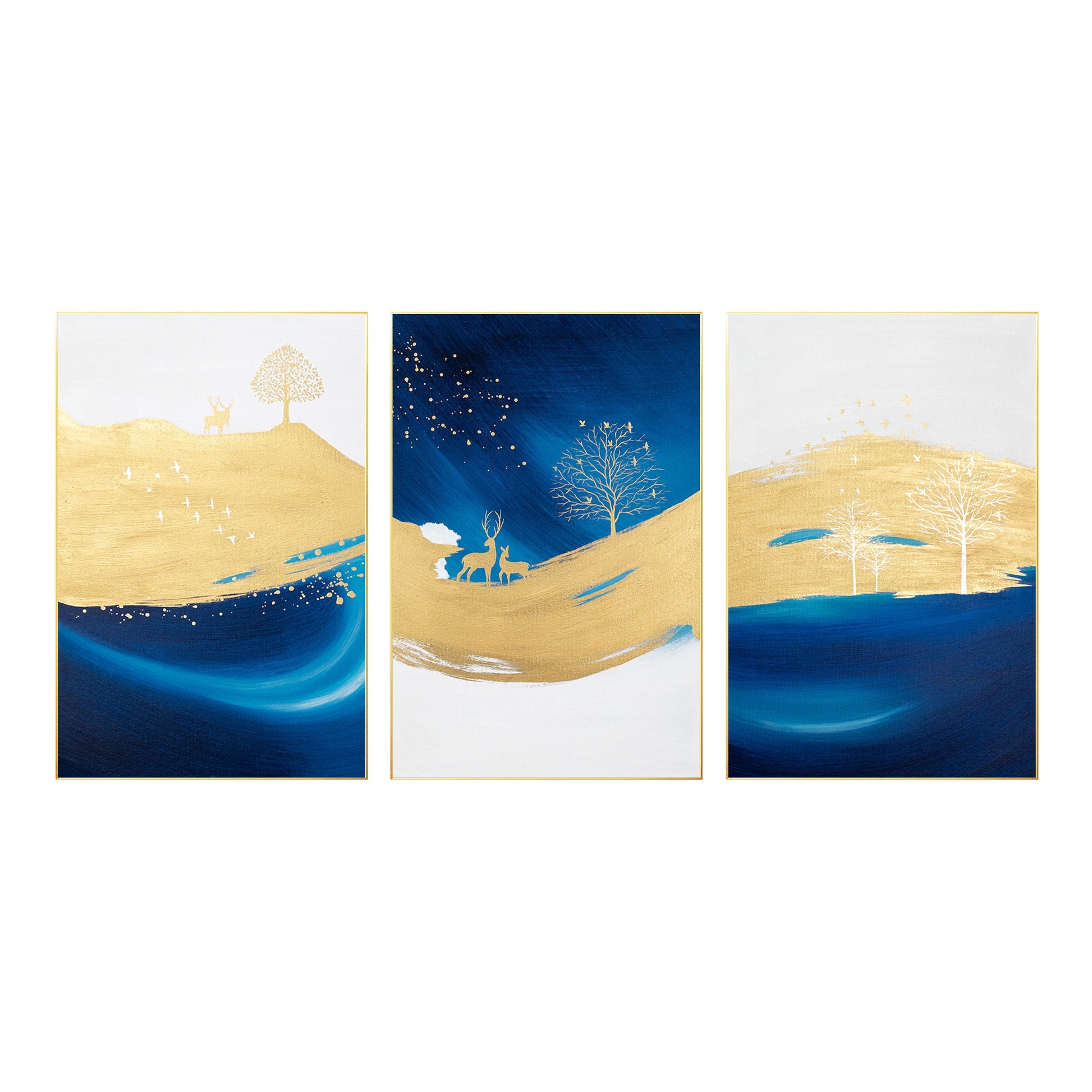 Marineblauw goud abstract schilderij 3 stuks schilderij op canvas, set van 3 stu #8
