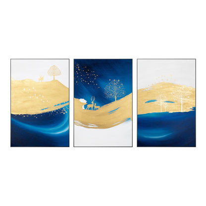 Marineblauw goud abstract schilderij 3 stuks schilderij op canvas, set van 3 stu #10