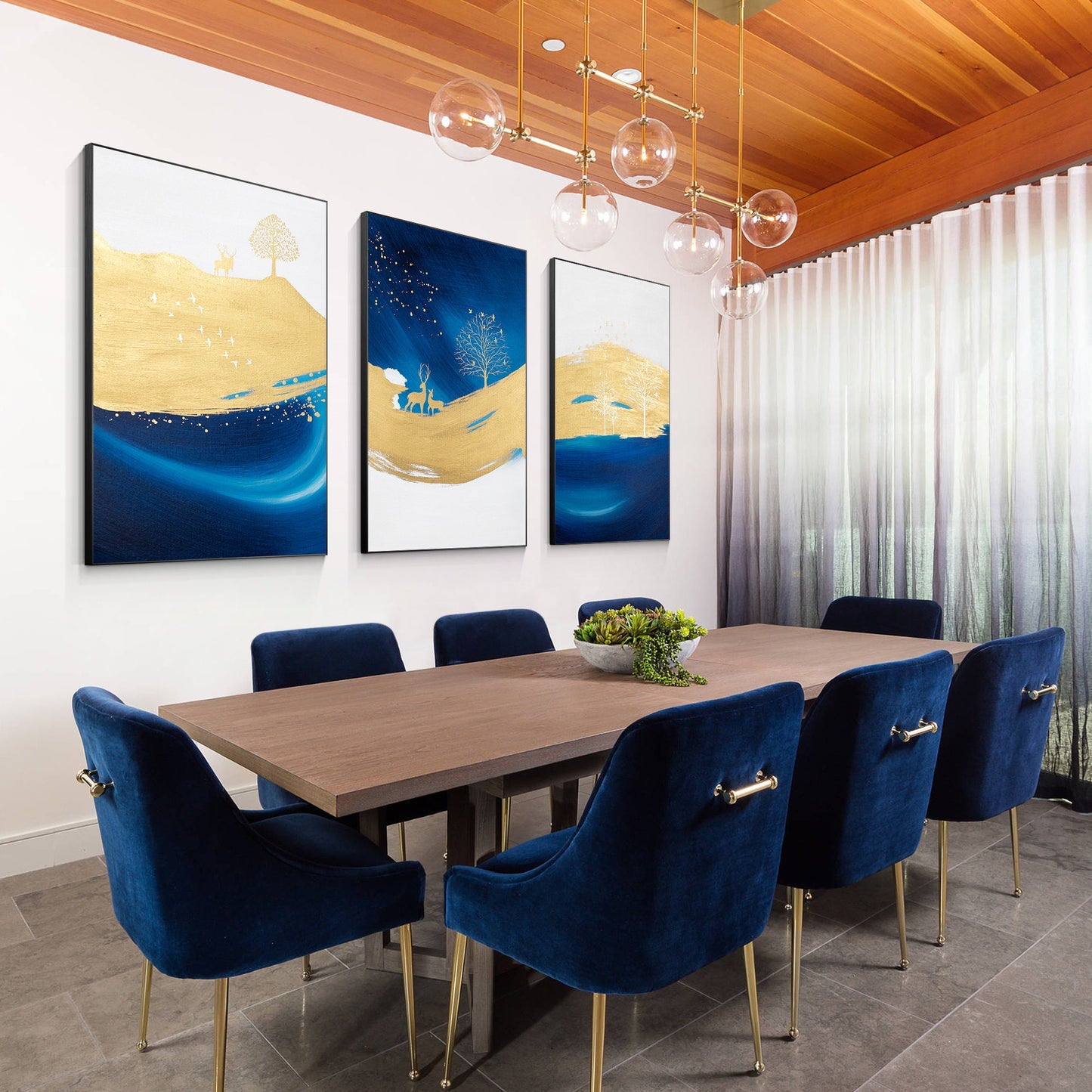 Marineblauw goud abstract schilderij 3 stuks schilderij op canvas, set van 3 stu #1