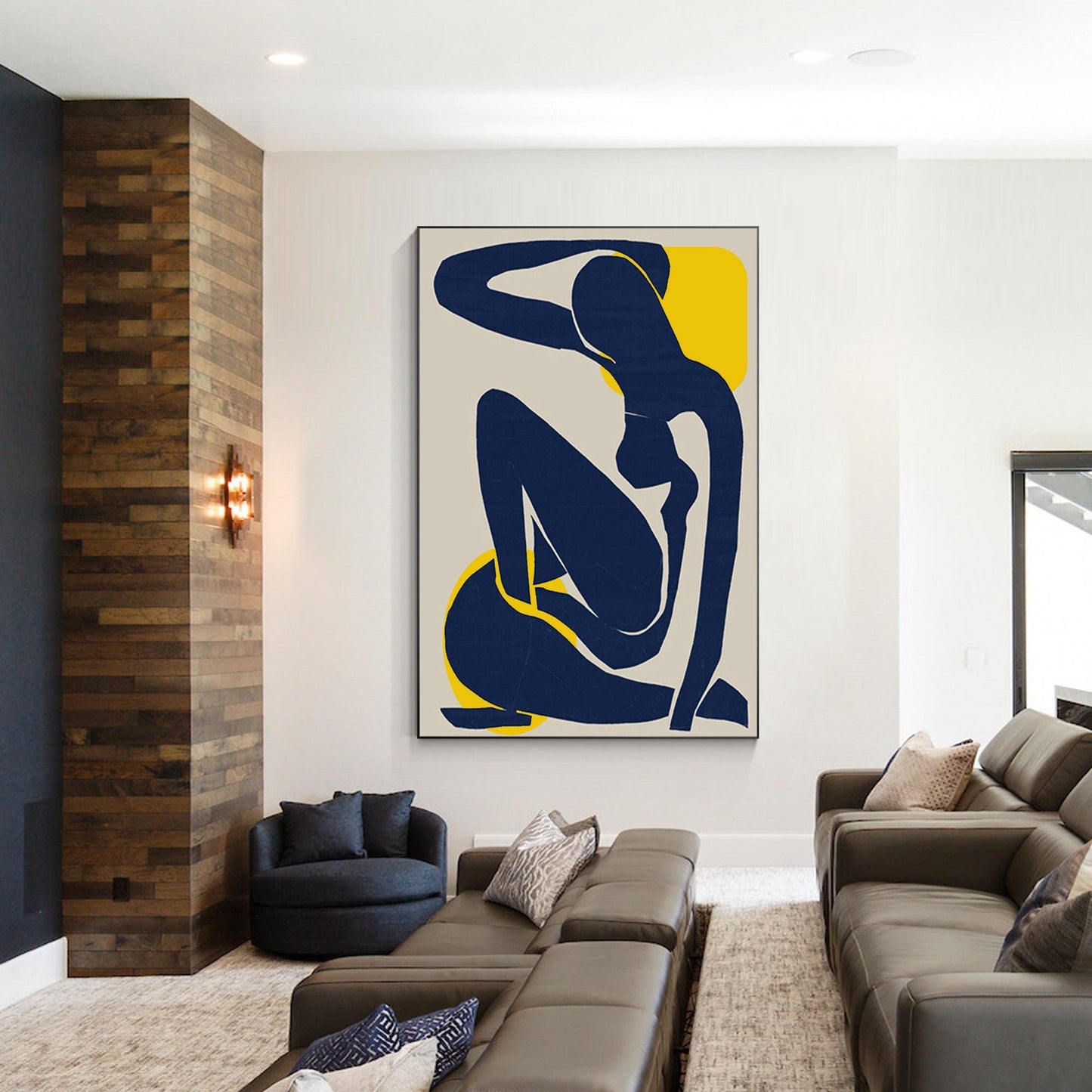 Marineblauwe abstracte vrouw figuurschilderij: minimalistische muurkunst met tex #12
