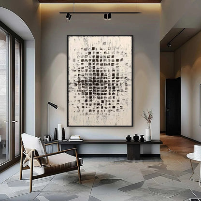 MATRIX: Large Black and White Textured Abstract Grid Painting | Abstract closeup, raised brushwork detail