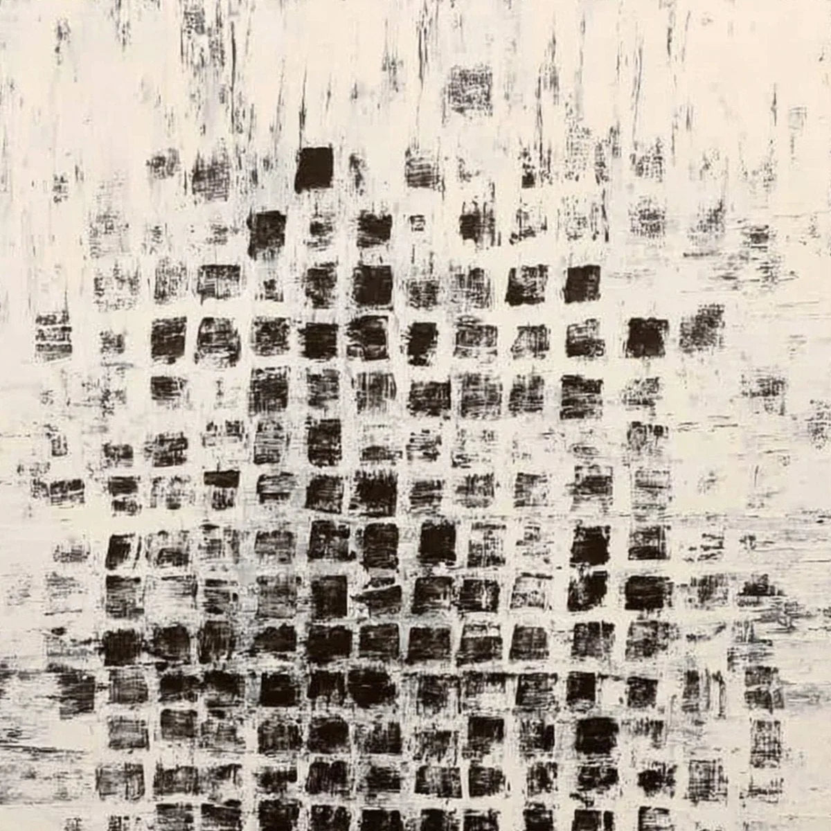 MATRIX: Large Black and White Textured Abstract Grid Painting | rectangular format, hand-painted canvas edge