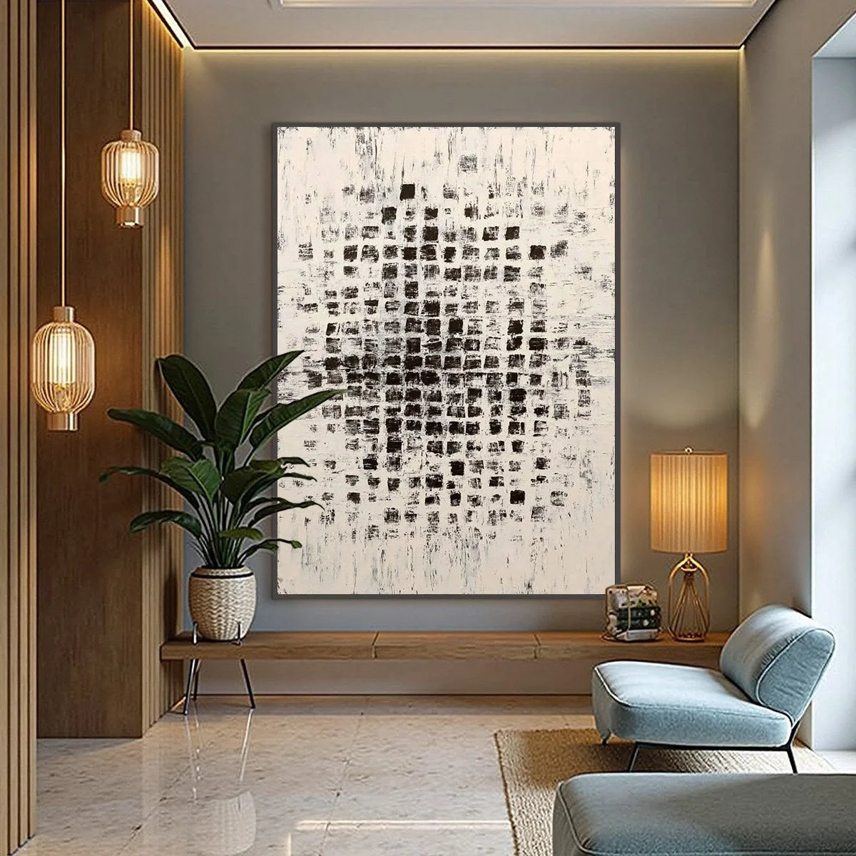 MATRIX: Large Black and White Textured Abstract Grid Painting | gold frame stretched on neutral wall