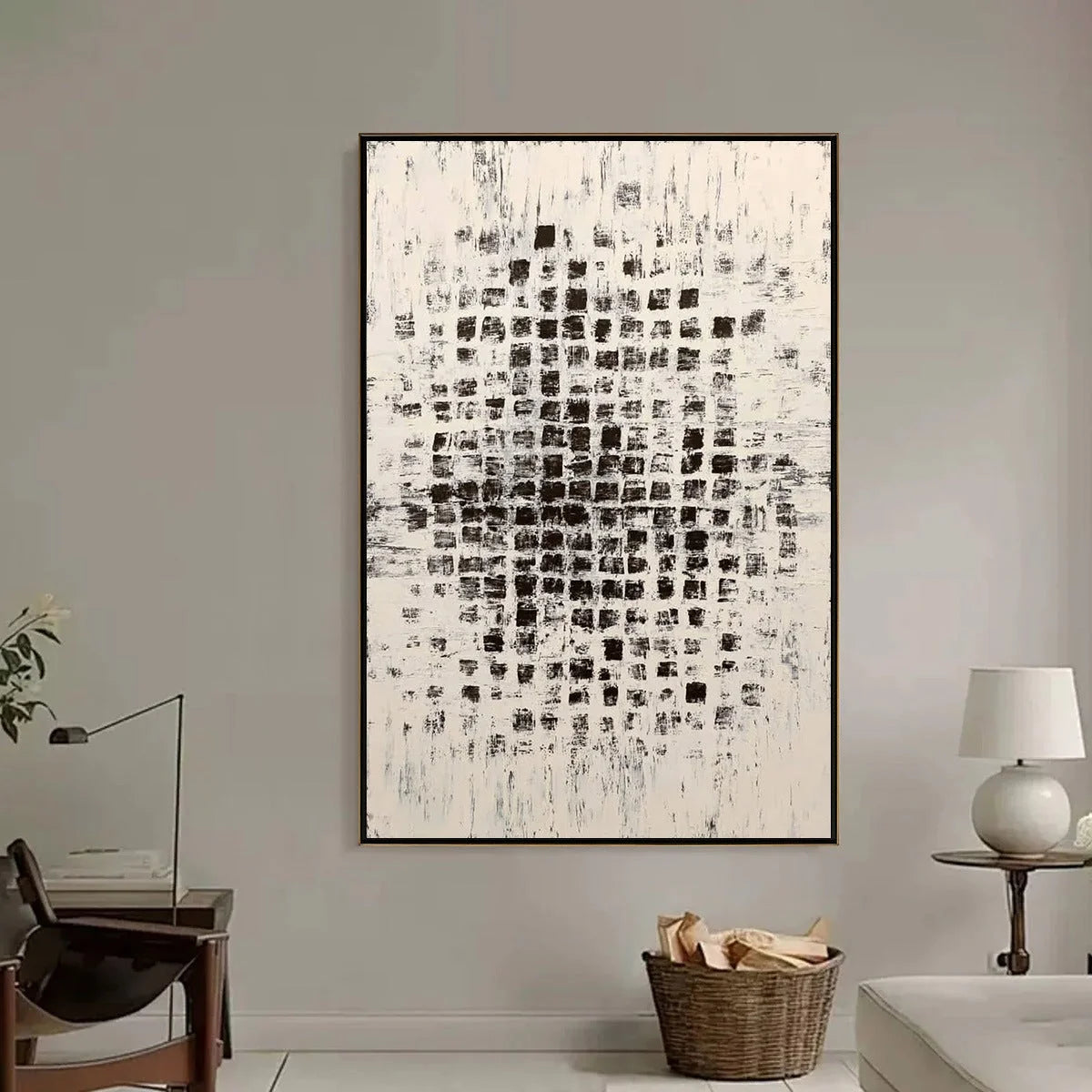 MATRIX: Large Black and White Textured Abstract Grid Painting | black frame version on white wall
