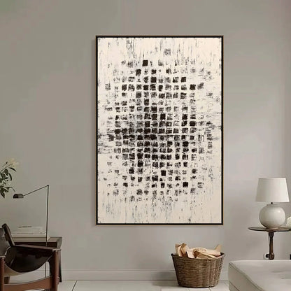 MATRIX: Large Black and White Textured Abstract Grid Painting | black frame version on white wall