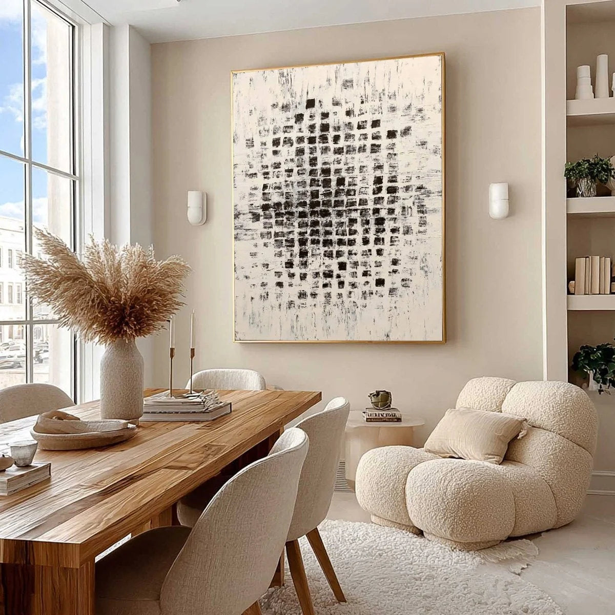 MATRIX: Large Black and White Textured Abstract Grid Painting | Abstract mood, soft natural light studio shot