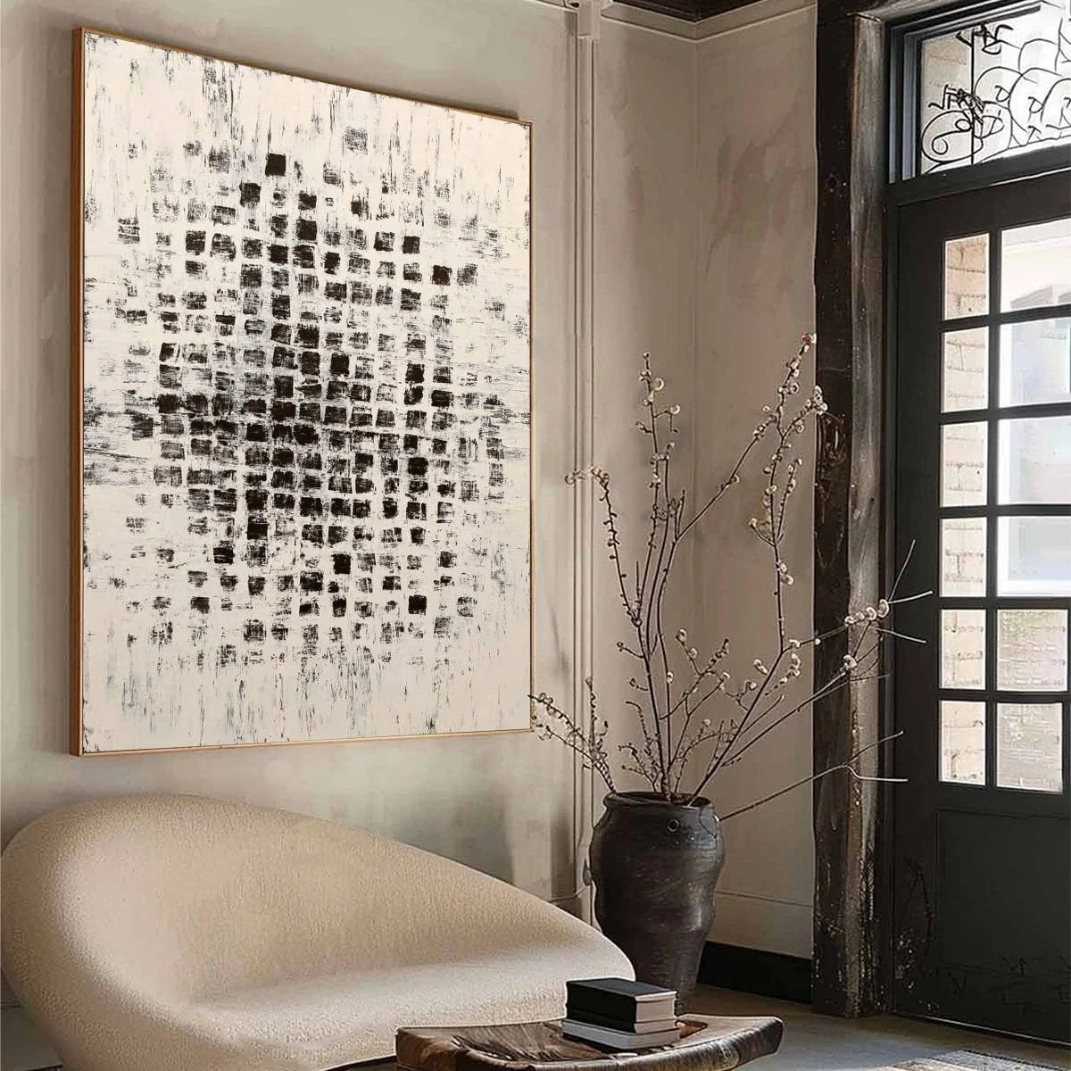MATRIX: Large Black and White Textured Abstract Grid Painting | beige palette, original oil on stretched canvas art