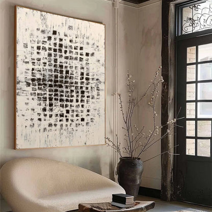 MATRIX: Large Black and White Textured Abstract Grid Painting | beige palette, original oil on stretched canvas art