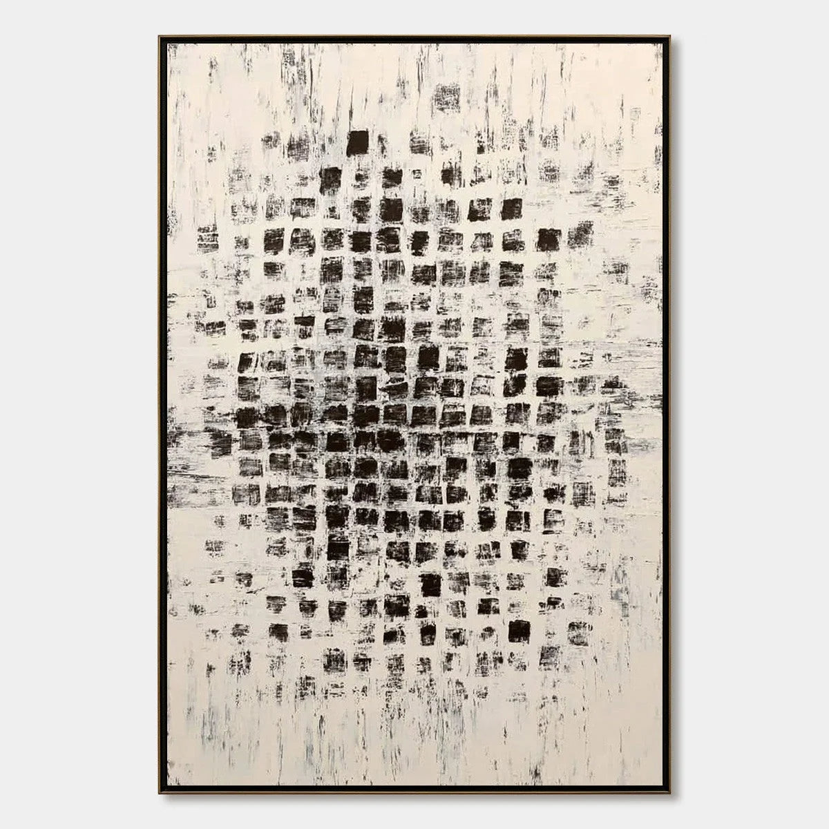 MATRIX: Large Black and White Textured Abstract Grid Painting | hanging in living room, Abstract wall art