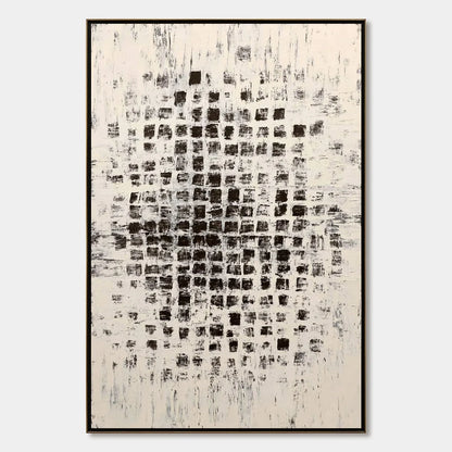 MATRIX: Large Black and White Textured Abstract Grid Painting | hanging in living room, Abstract wall art