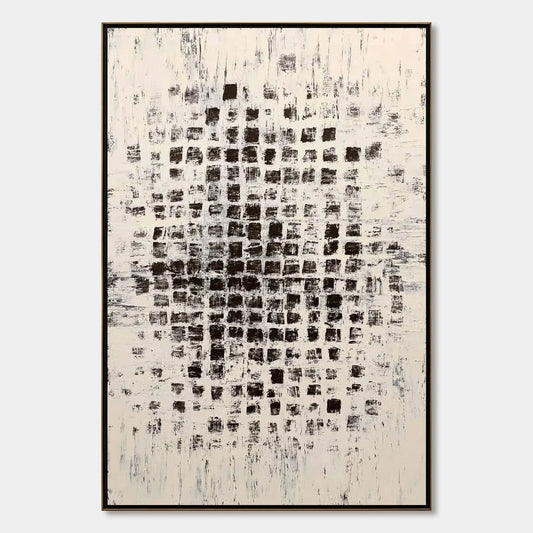 MATRIX: Large Black and White Textured Abstract Grid Painting | hanging in living room, Abstract wall art