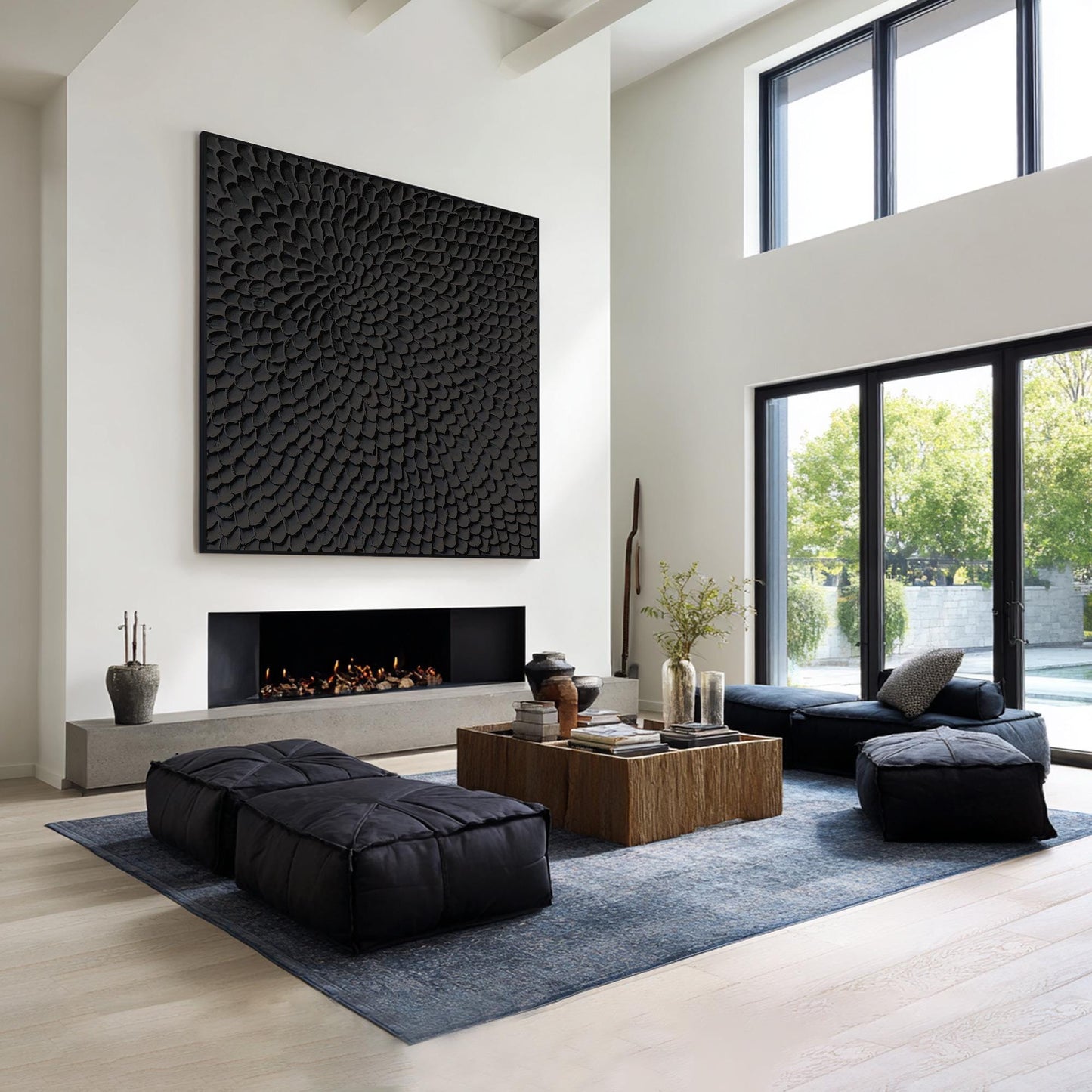 Matte Black Abstract Textured Canvas Art, Sculpted Petal Relief Painting, Modern #3