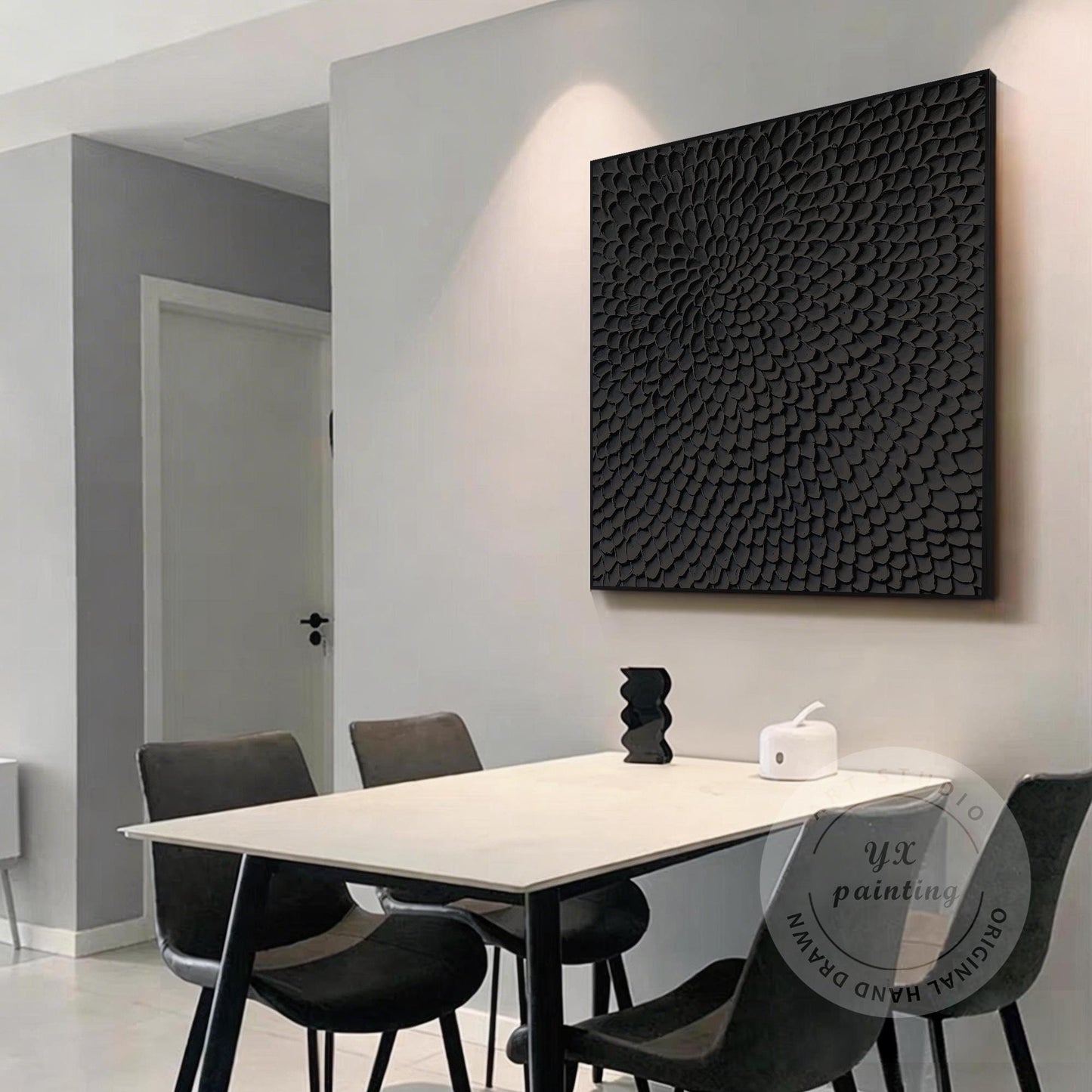 Matte Black Abstract Textured Canvas Art, Sculpted Petal Relief Painting, Modern #5