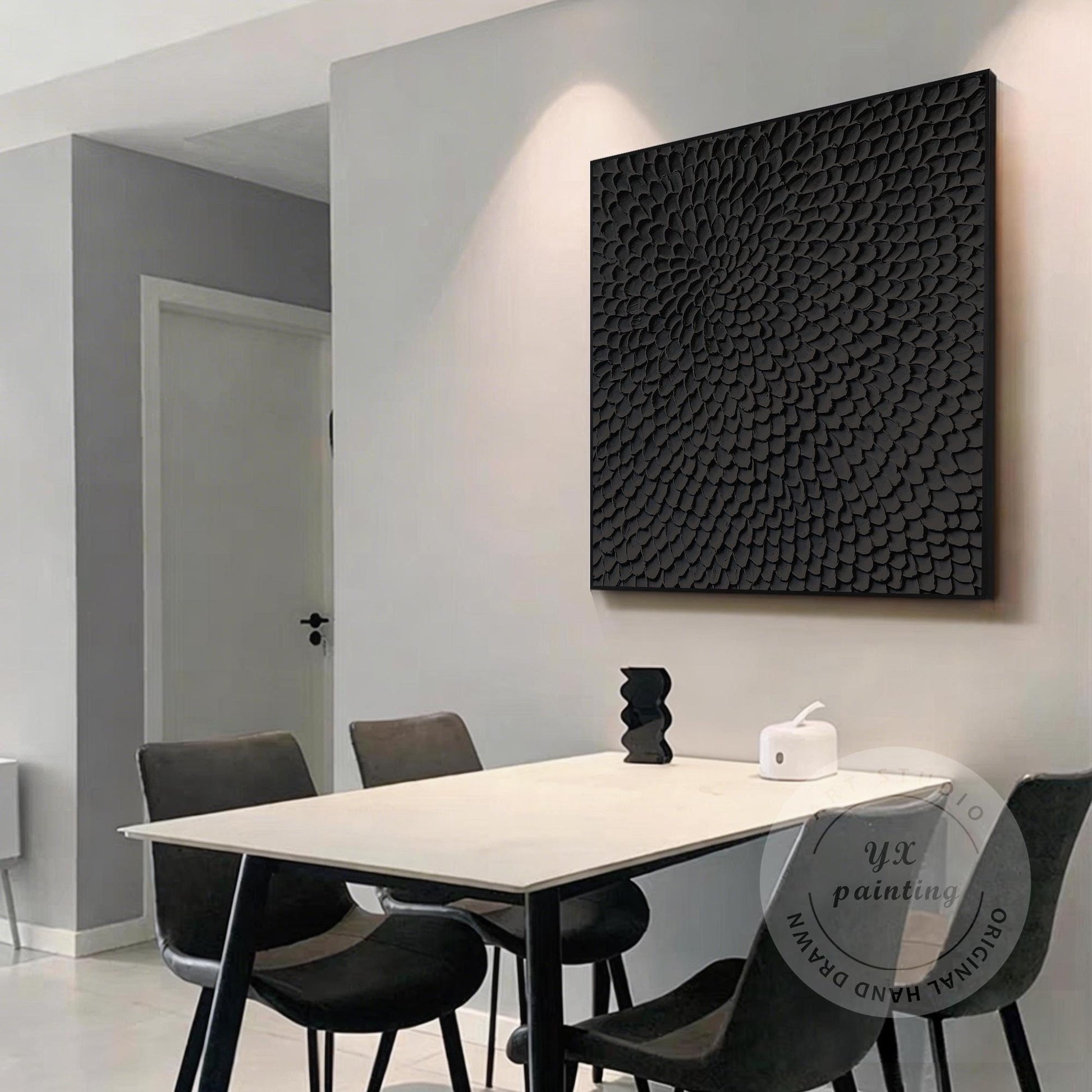 Matte Black Abstract Textured Canvas Art, Sculpted Petal Relief Painting, Modern #5