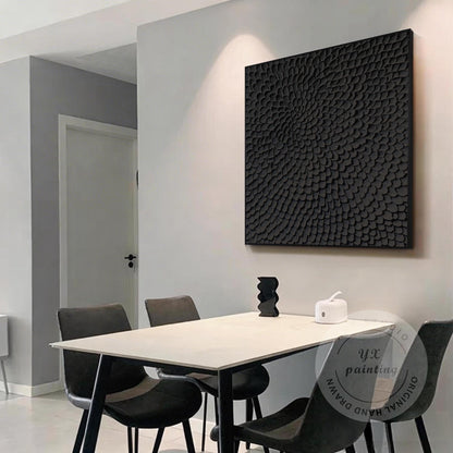 Matte Black Abstract Textured Canvas Art, Sculpted Petal Relief Painting, Modern #5