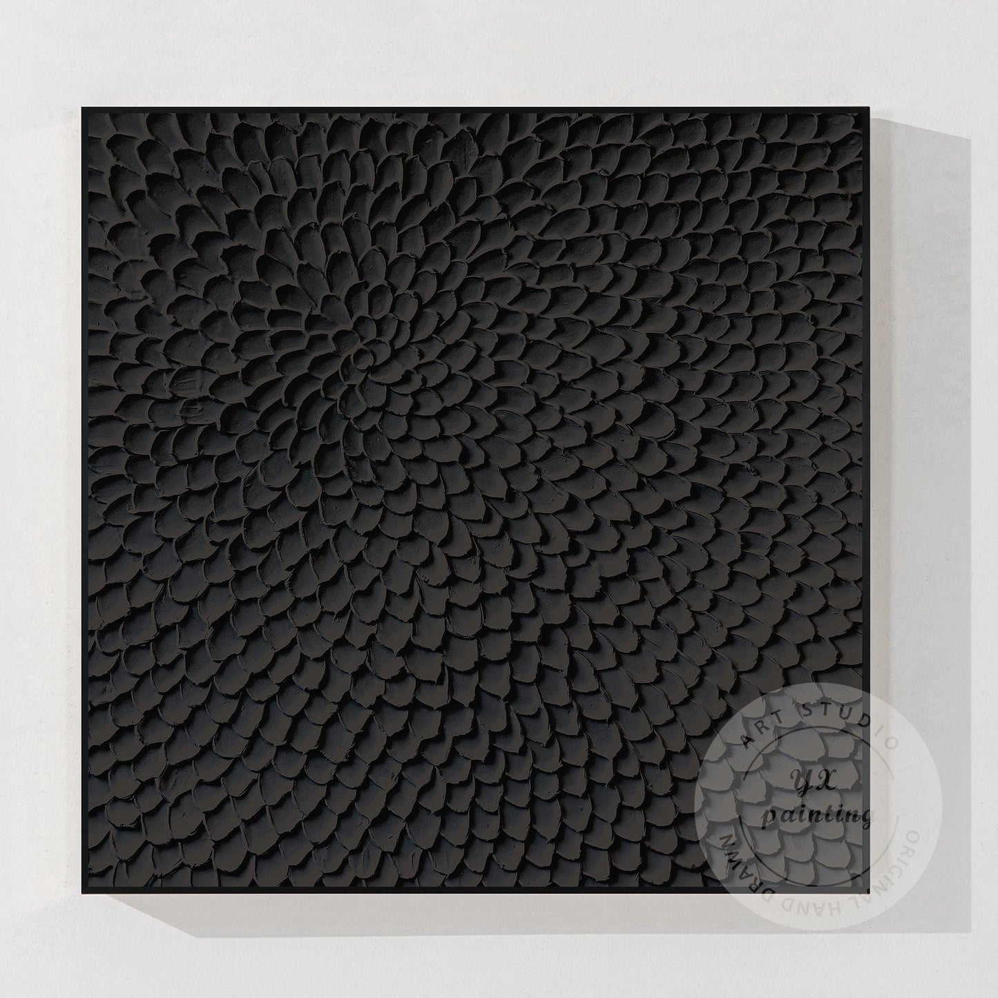 Matte Black Abstract Textured Canvas Art, Sculpted Petal Relief Painting, Modern #7