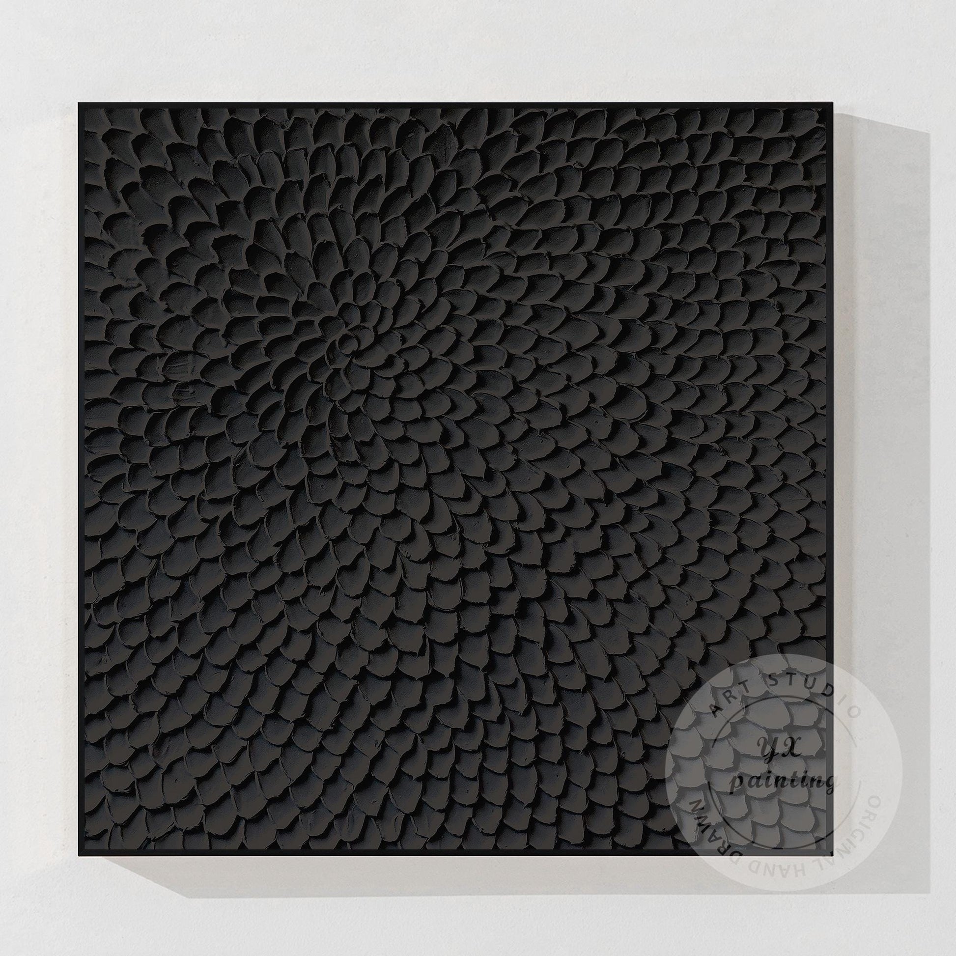Matte Black Abstract Textured Canvas Art, Sculpted Petal Relief Painting, Modern #7