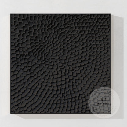 Matte Black Abstract Textured Canvas Art, Sculpted Petal Relief Painting, Modern #7