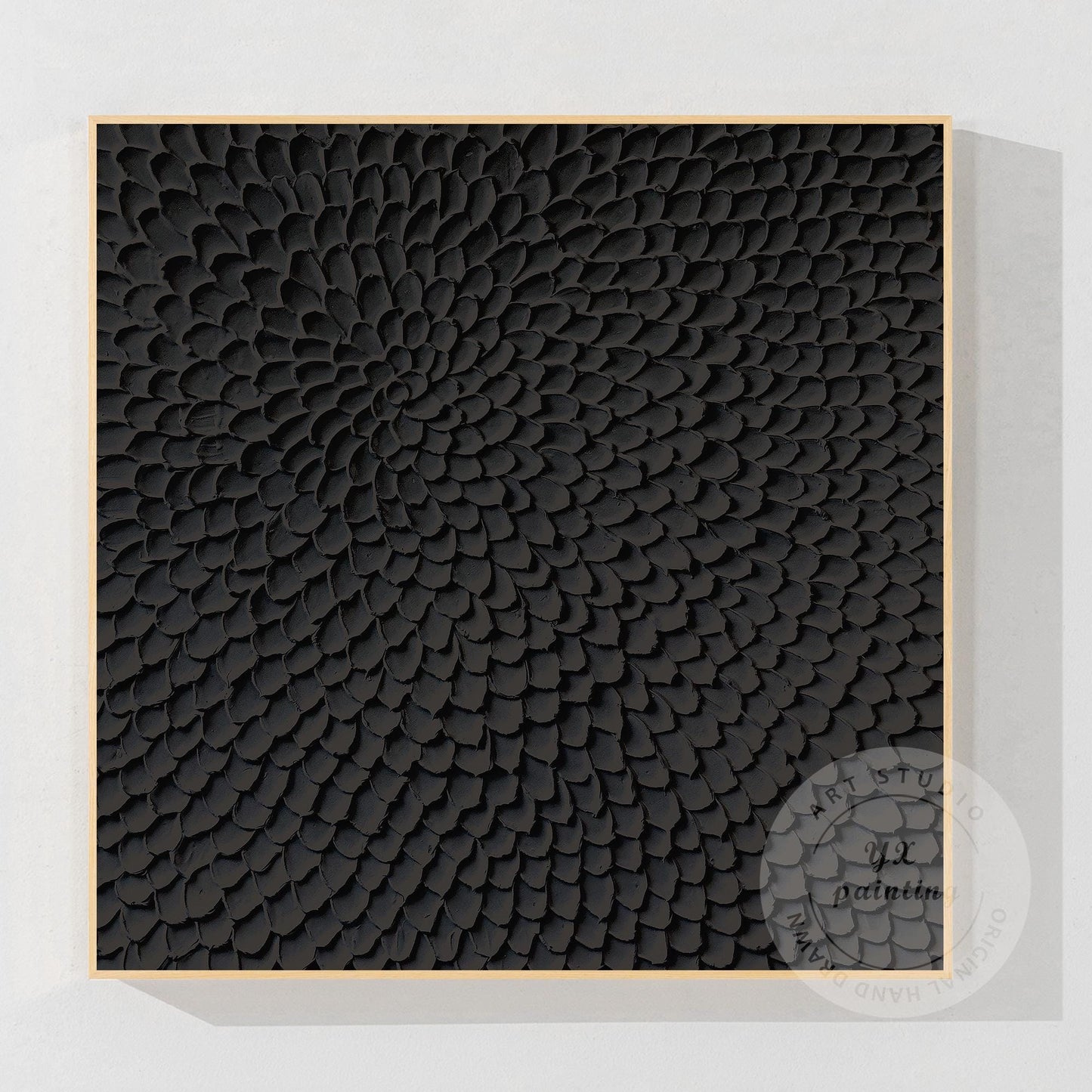 Matte Black Abstract Textured Canvas Art, Sculpted Petal Relief Painting, Modern #8