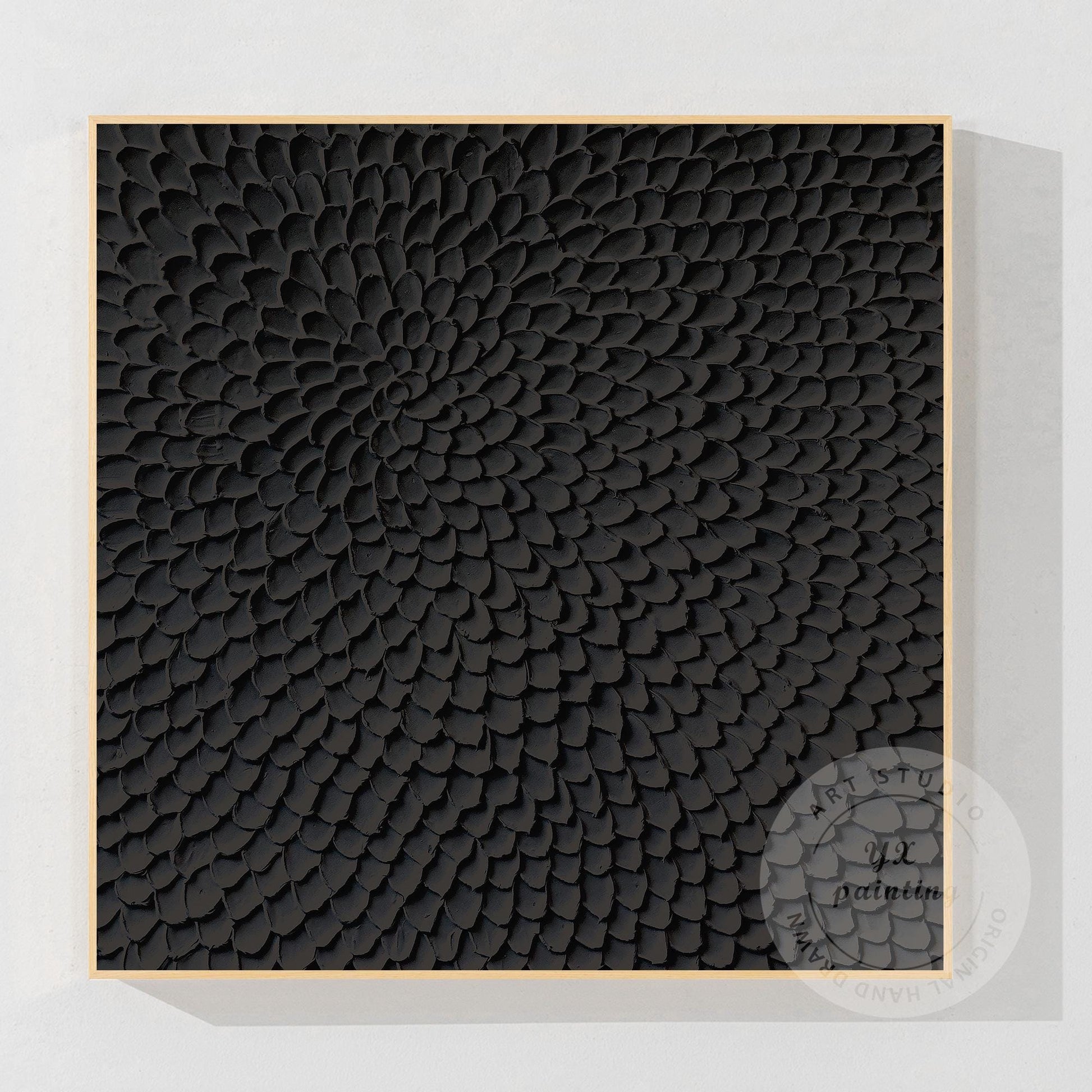 Matte Black Abstract Textured Canvas Art, Sculpted Petal Relief Painting, Modern #8