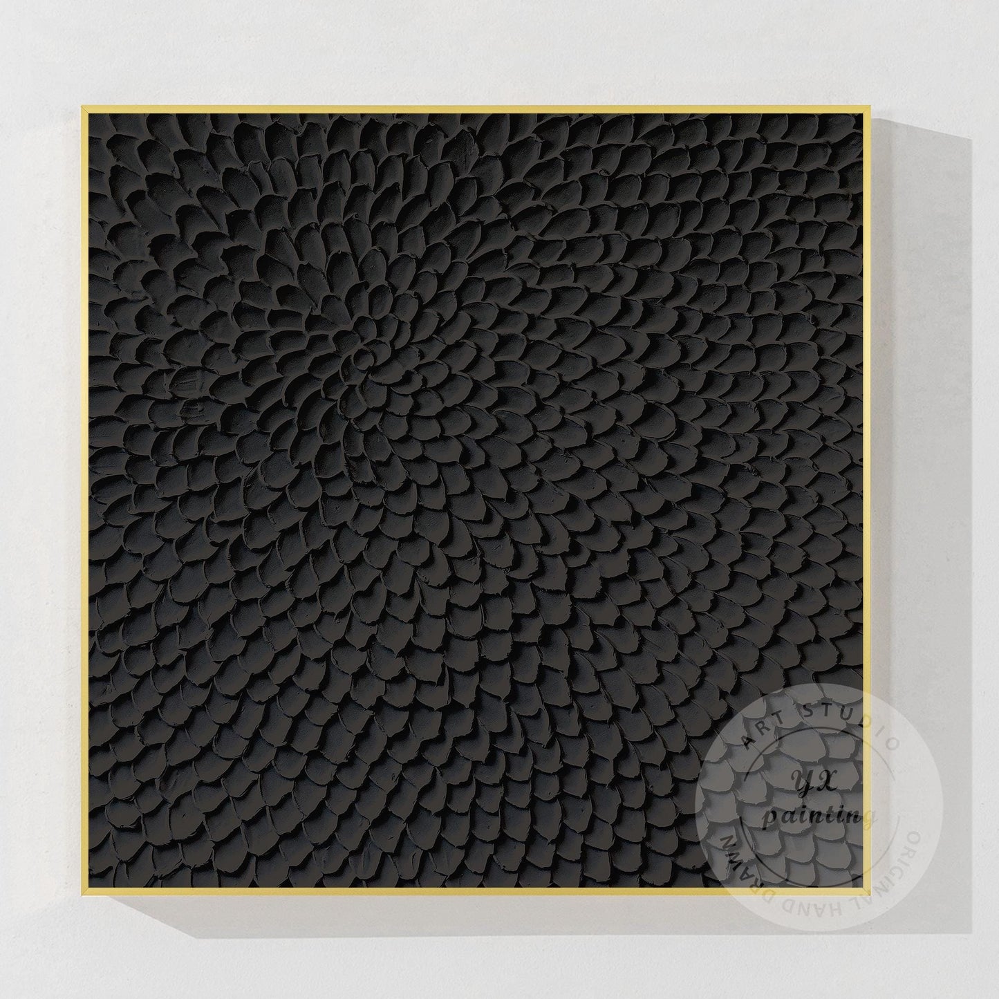 Matte Black Abstract Textured Canvas Art, Sculpted Petal Relief Painting, Modern #9