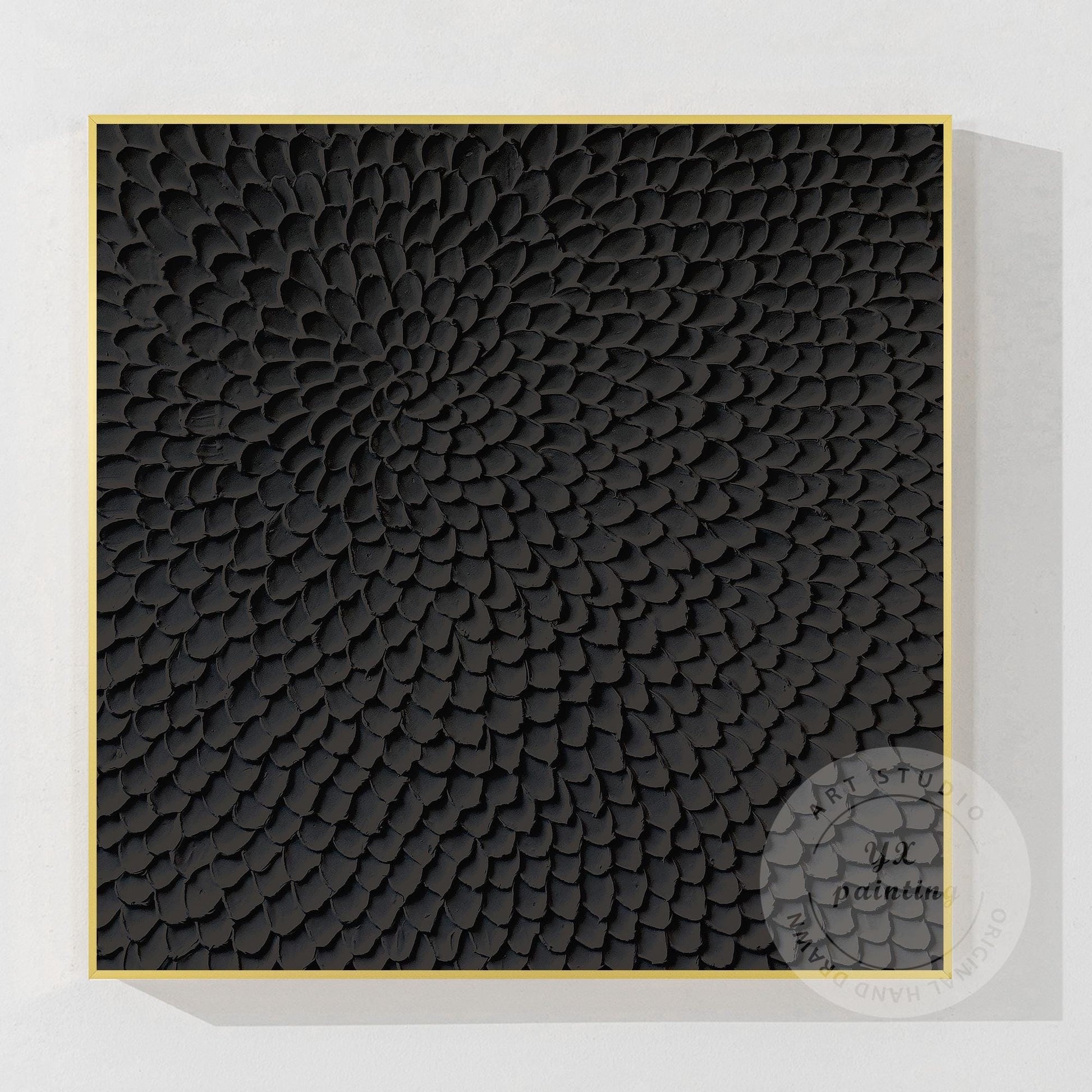Matte Black Abstract Textured Canvas Art, Sculpted Petal Relief Painting, Modern #9