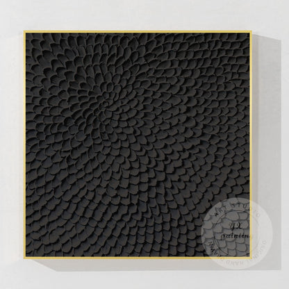 Matte Black Abstract Textured Canvas Art, Sculpted Petal Relief Painting, Modern #9