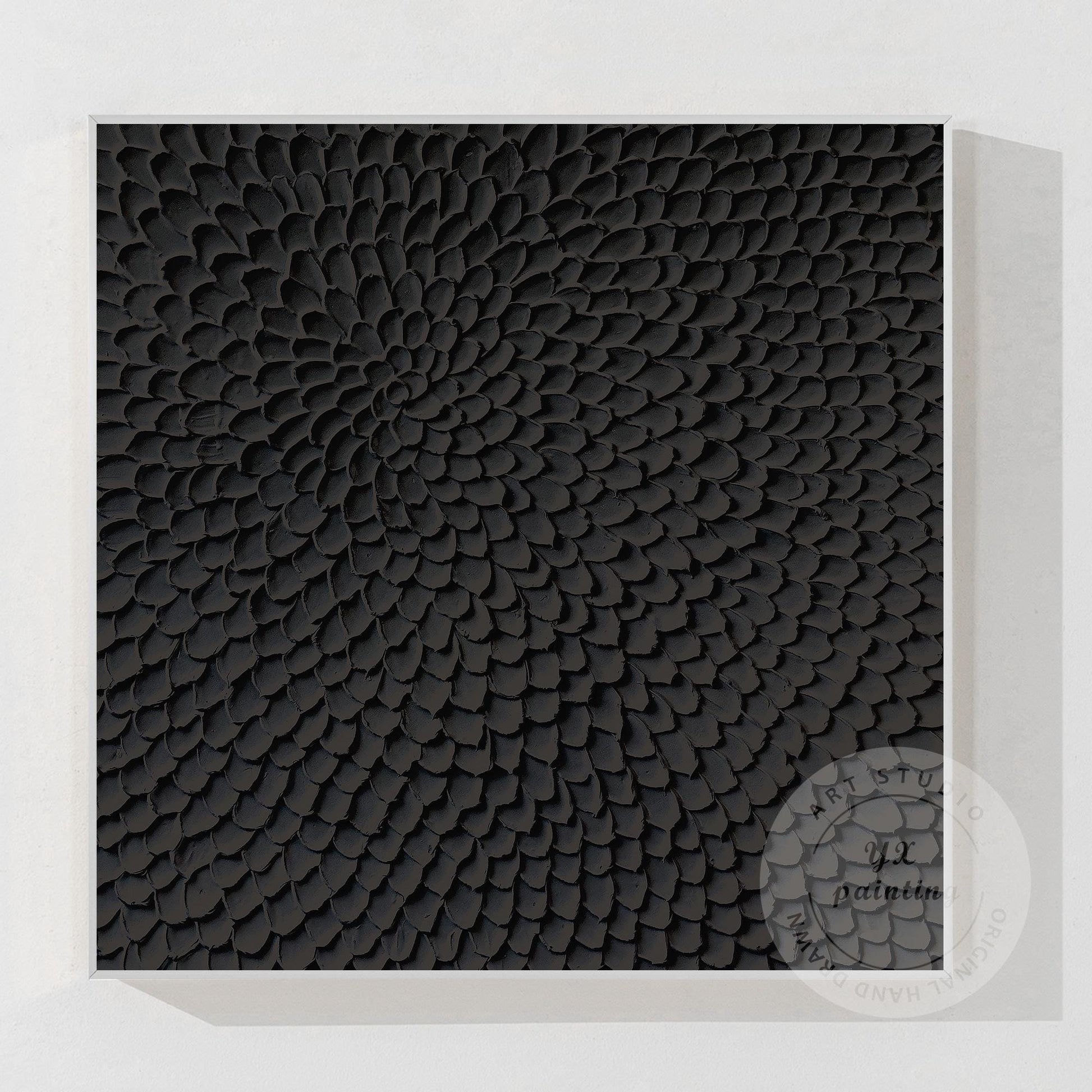 Matte Black Abstract Textured Canvas Art, Sculpted Petal Relief Painting, Modern #10