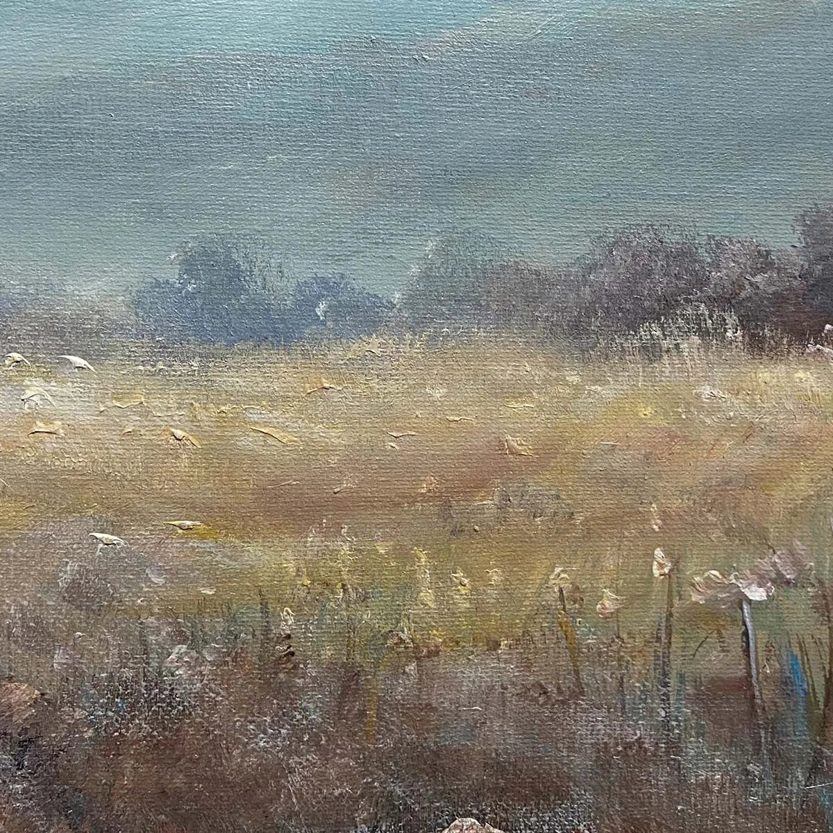 MEADOW VALLEY PANORAMIC: Landscape Painting, Panoramic Wall Art | black frame version on white wall