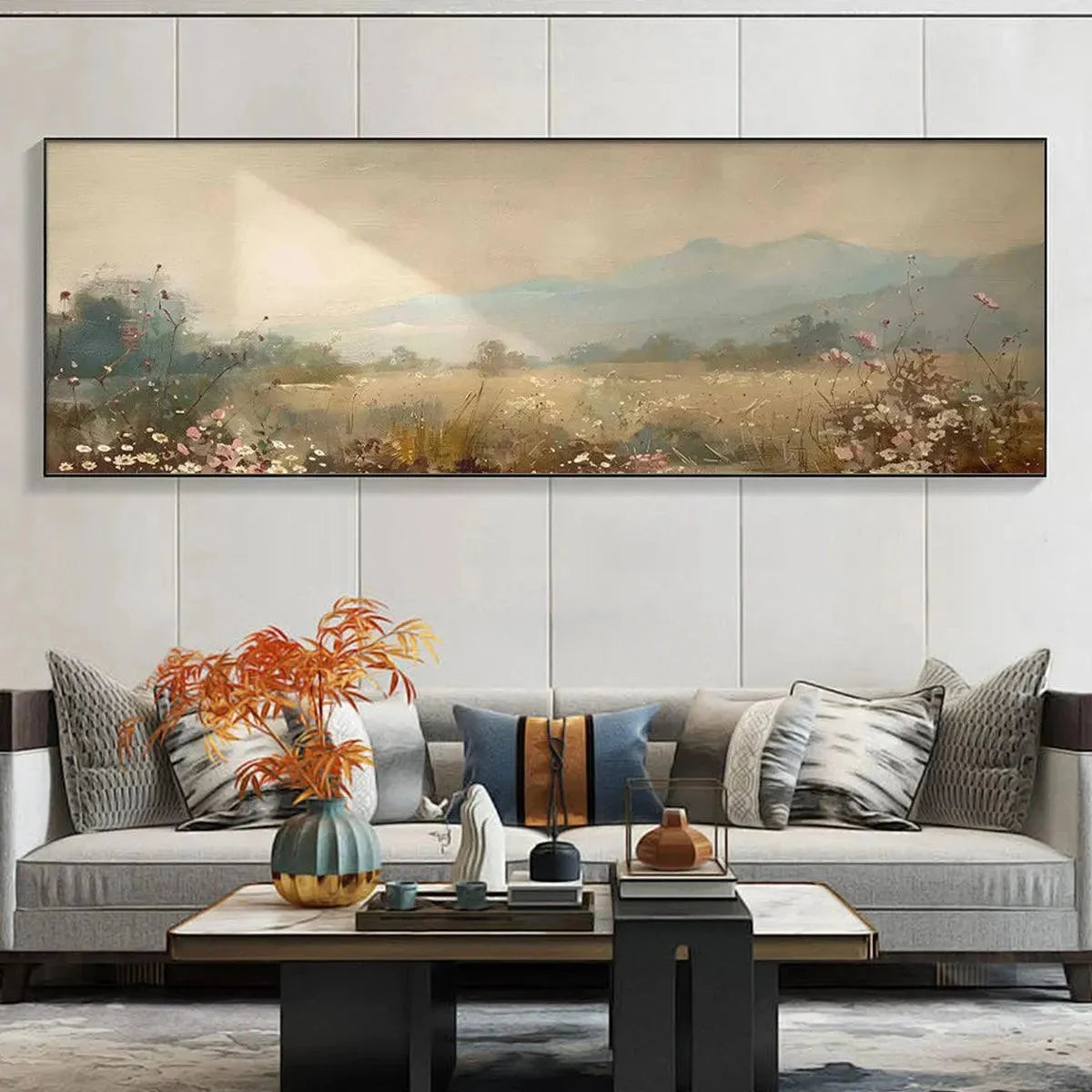 MEADOW VALLEY PANORAMIC: Landscape Painting, Panoramic Wall Art | Landscape mood, soft natural light studio shot