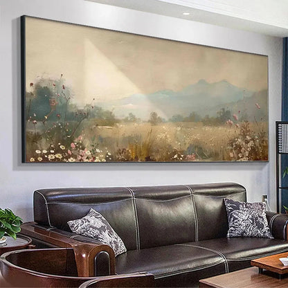 MEADOW VALLEY PANORAMIC: Landscape Painting, Panoramic Wall Art | texture detail, palette knife marks visible